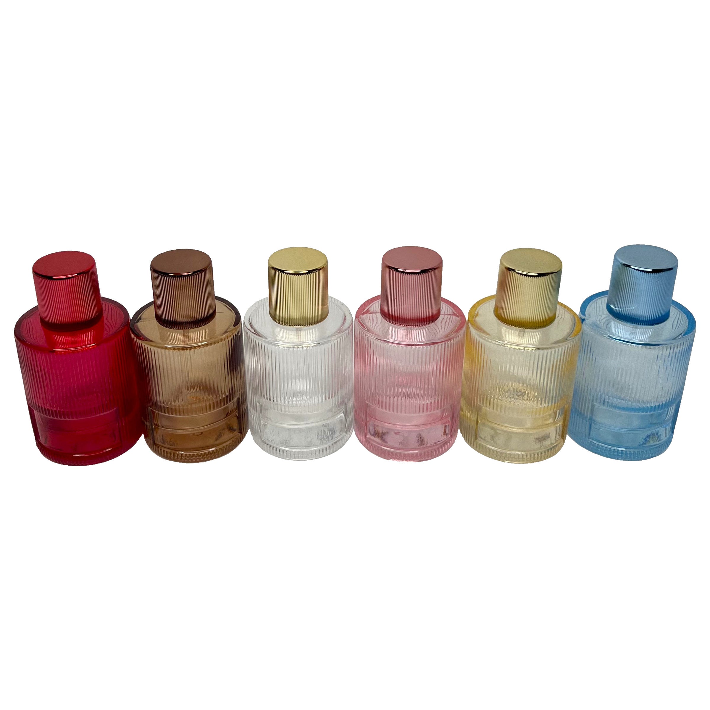 50ml 1.7oz colored striped cylinder matching uv lids glass perfume spray bottles