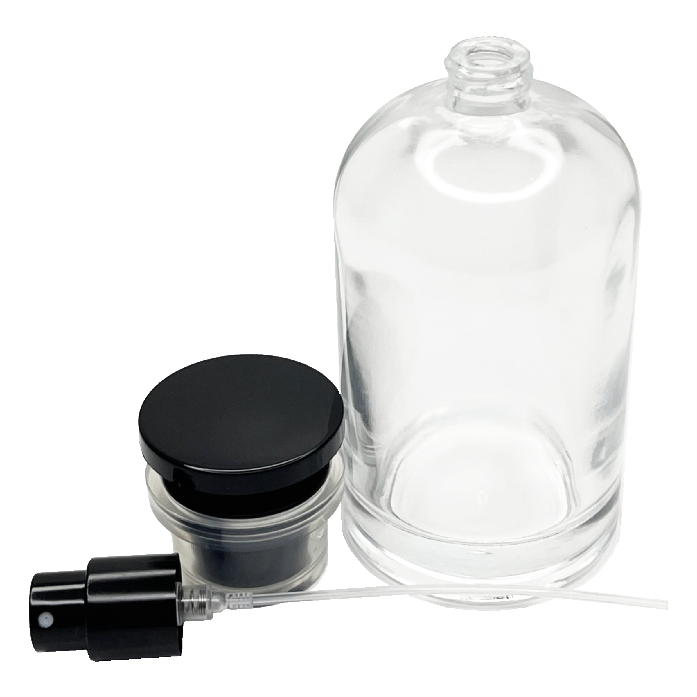 100ml 3.4oz Boston Round Spray Bottles Clear Black Lid