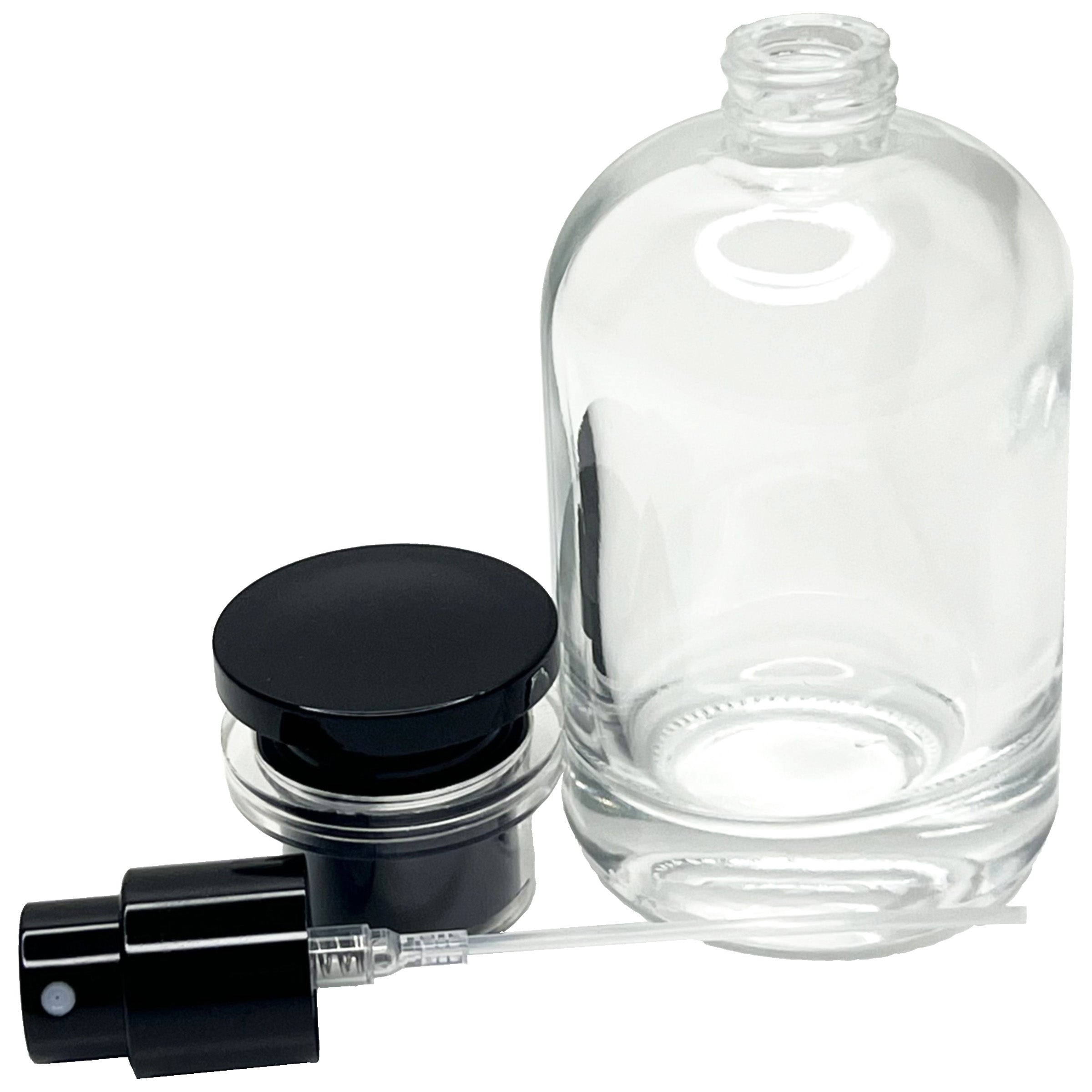 50ml 1.7oz Boston Round Glass Spray Bottles Clear Black Lid