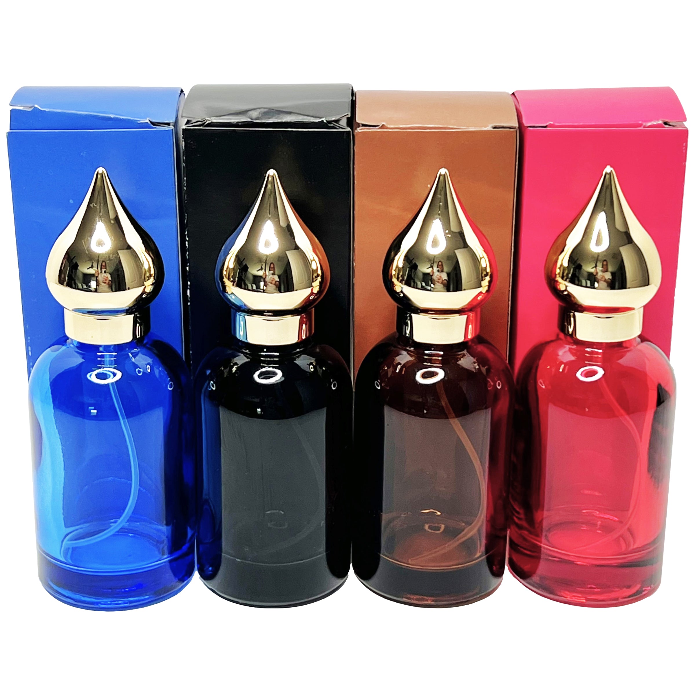 50ml 1.7oz Taj UV gold lids colored glass perfume spray bottles boxes