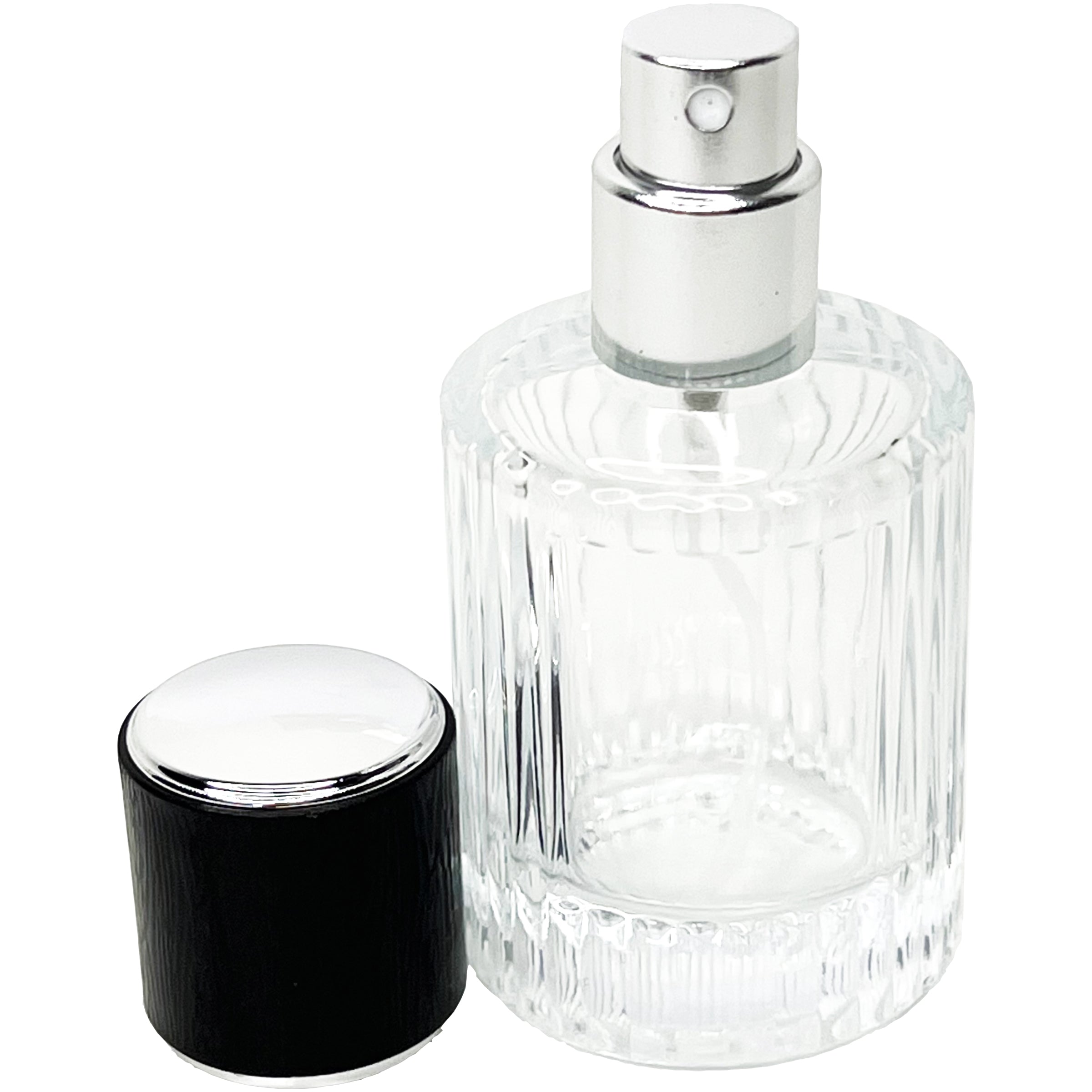 30ml 1oz Thick Glass Perfume Spray Round Bottles Black Silver Fancy Cap