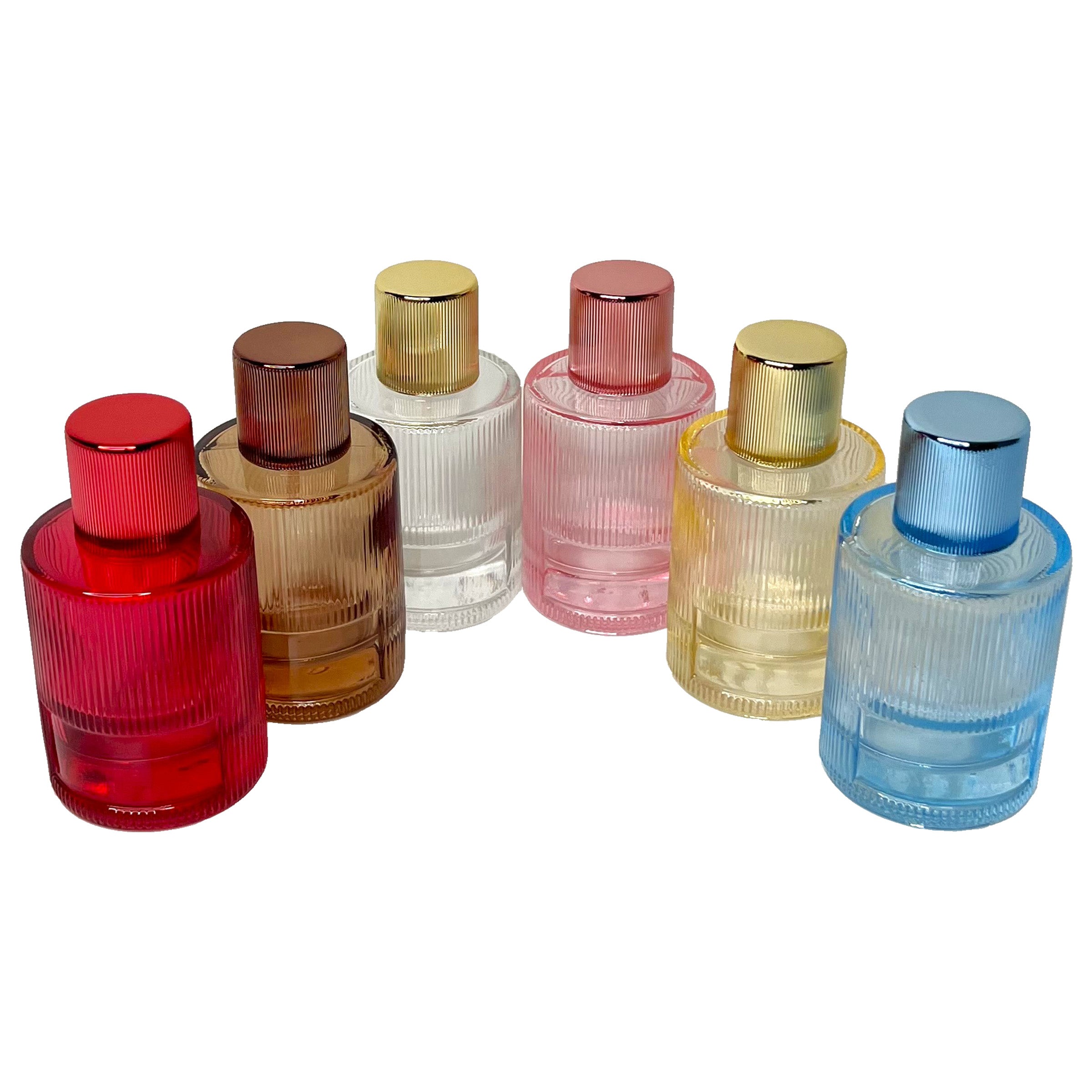 50ml 1.7oz colored striped cylinder matching uv lids glass perfume spray bottles