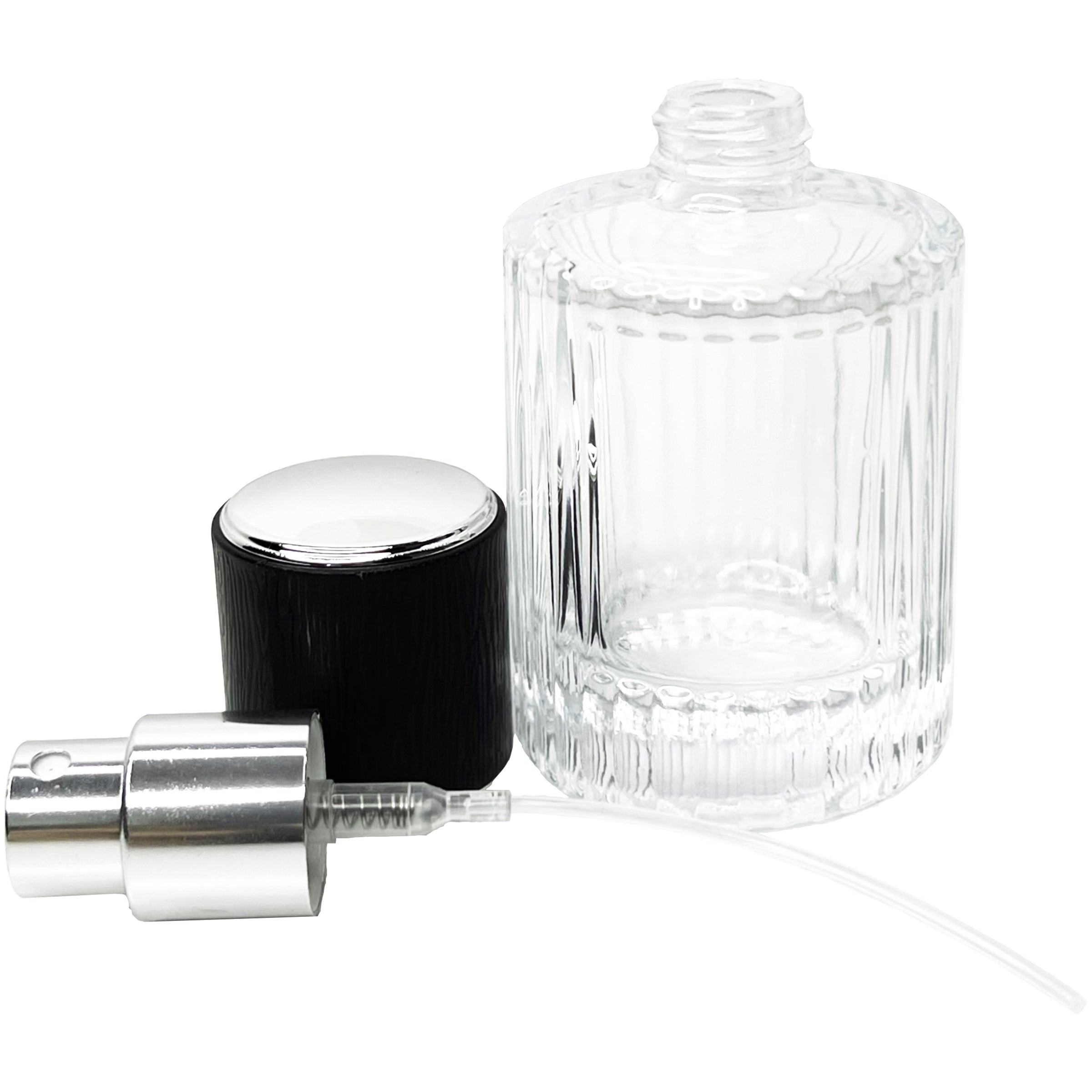30ml 1oz Thick Glass Perfume Spray Round Bottles Black Silver Fancy Cap
